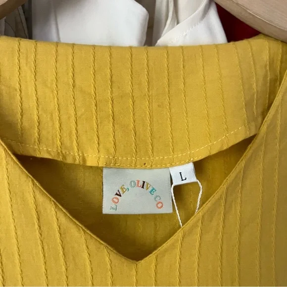 NWT LOVE, OLIVE CO yellow striped fabric v neck babydoll short sleeve mini - Picture 5 of 6
